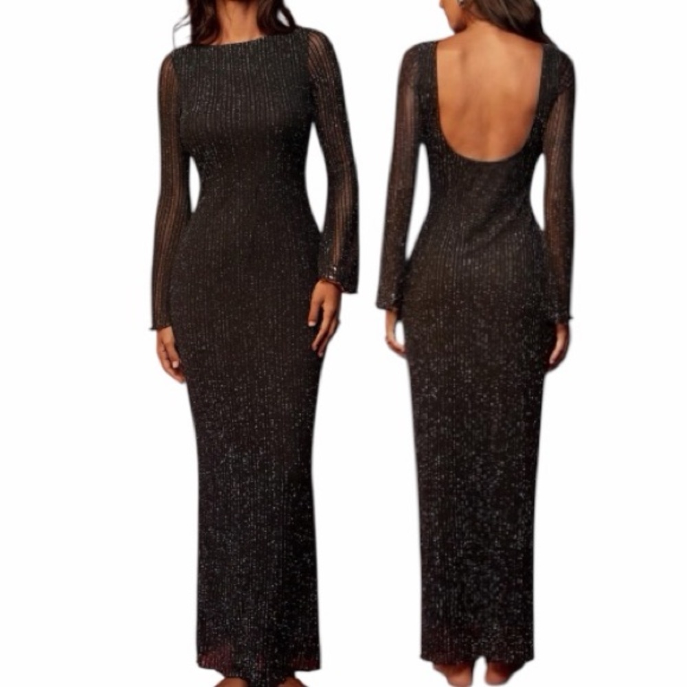 Amazon Black Sparkle Long Sleeve Backless Evening Gown